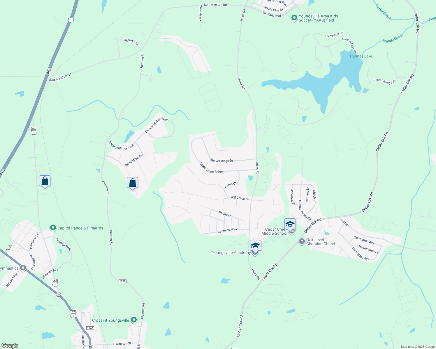 map of restaurants, bars, coffee shops, grocery stores, and more near 175 Eagle Stone Ridge in Youngsville