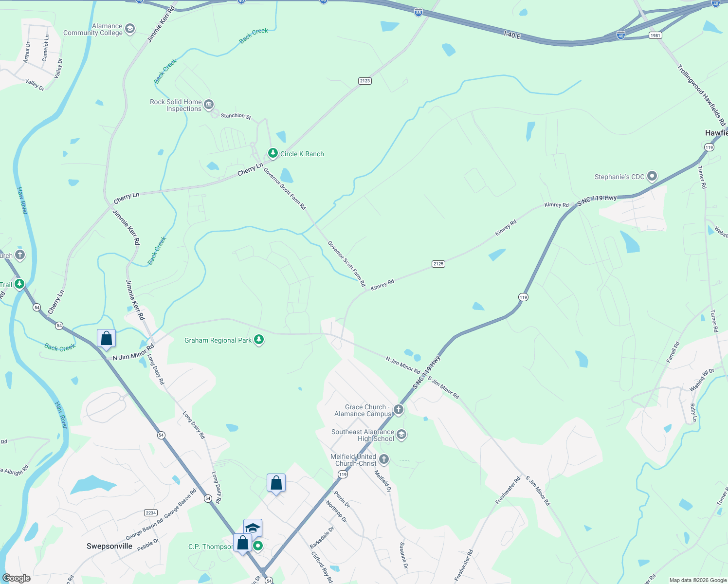 map of restaurants, bars, coffee shops, grocery stores, and more near 1999 Kimrey Rd in Haw River