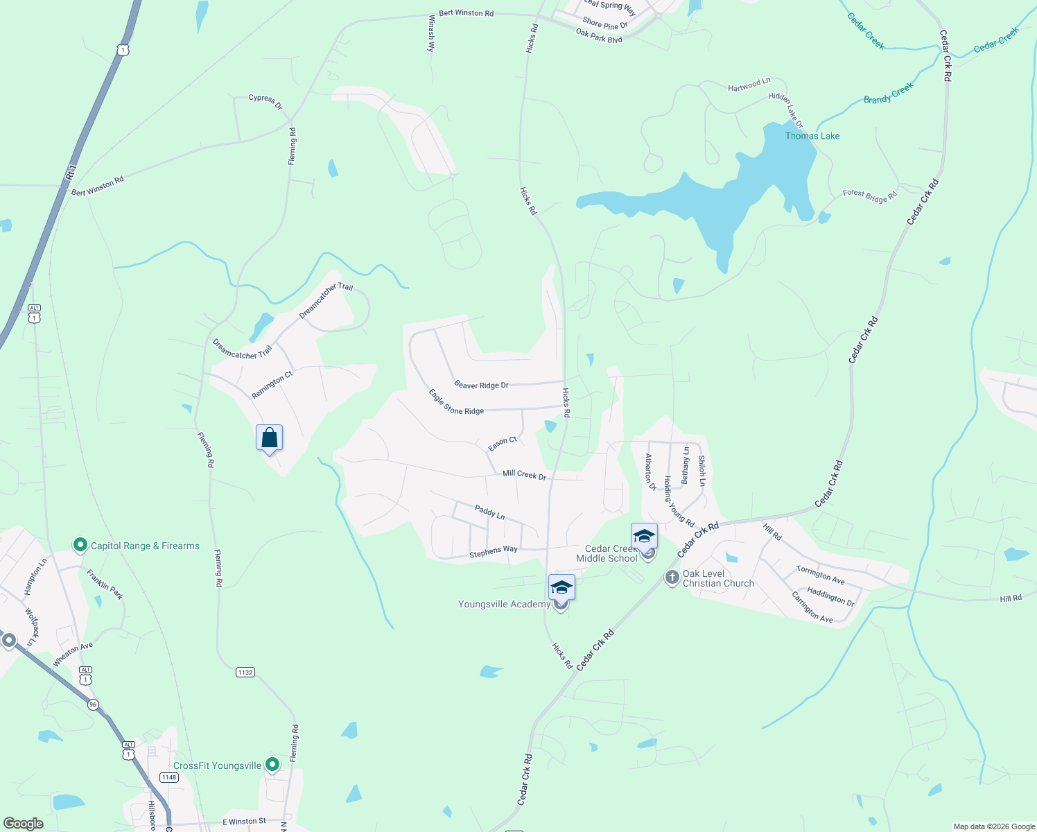 map of restaurants, bars, coffee shops, grocery stores, and more near 85 Eagle Stone Ridge in Youngsville