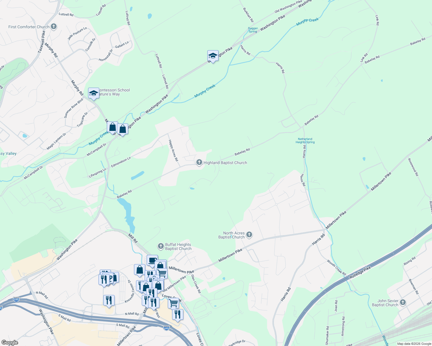 map of restaurants, bars, coffee shops, grocery stores, and more near 3227 Whelahan Farm Road in Knoxville