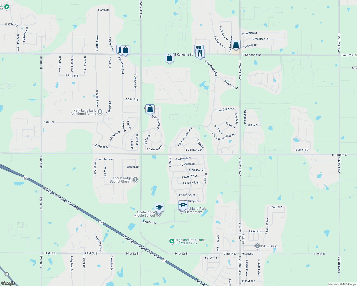 map of restaurants, bars, coffee shops, grocery stores, and more near 7304 East Forest Ridge Boulevard in Broken Arrow