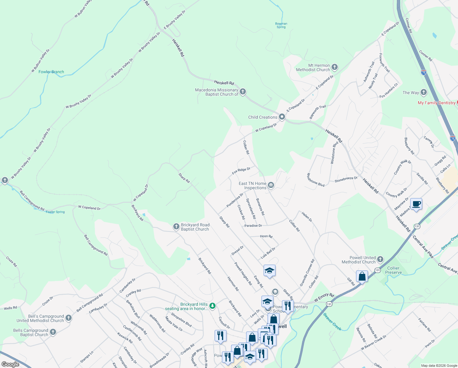 map of restaurants, bars, coffee shops, grocery stores, and more near 8327 Whippoorwill Dr in Powell