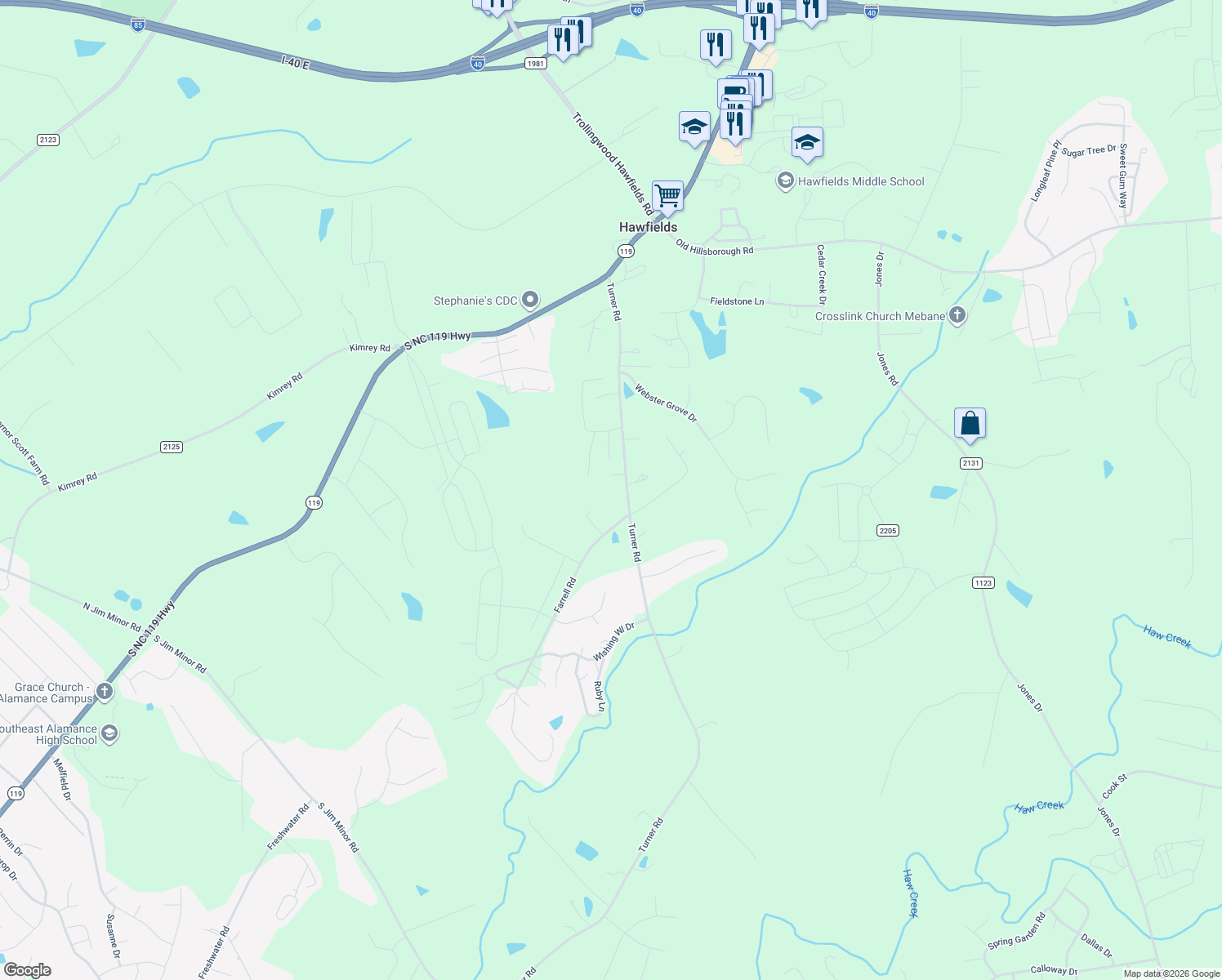 map of restaurants, bars, coffee shops, grocery stores, and more near 1949 Turner Rd in Mebane