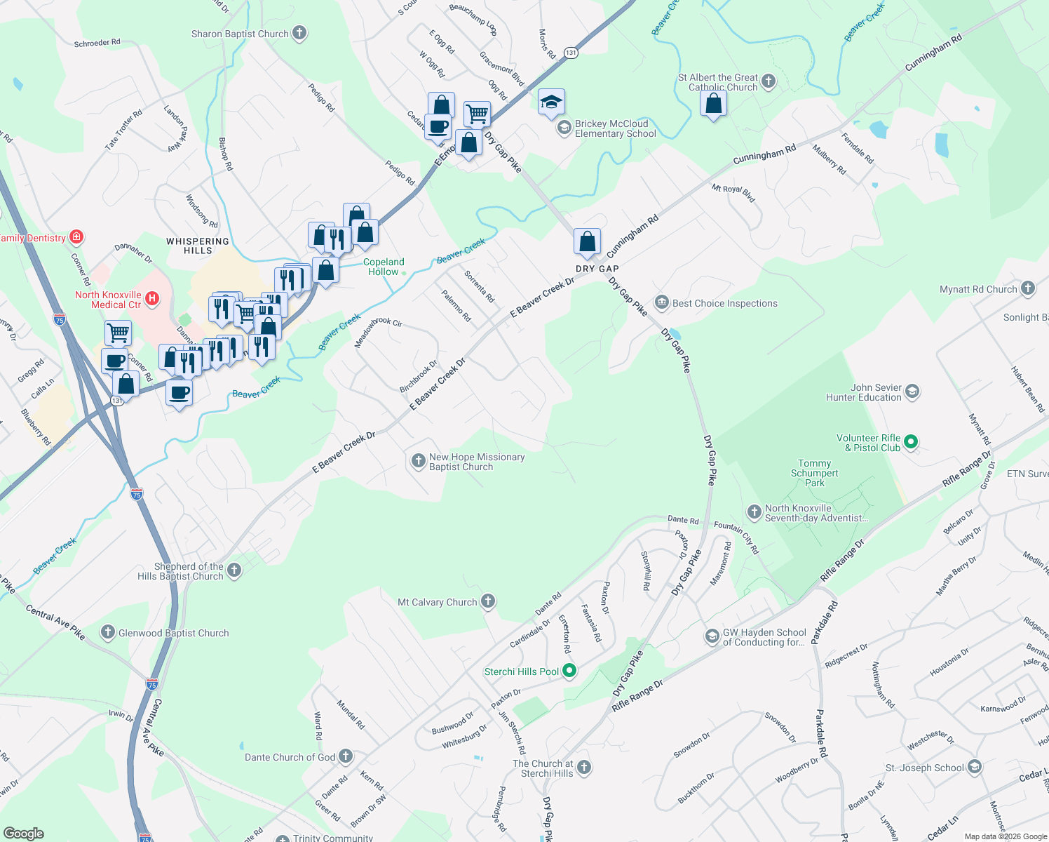 map of restaurants, bars, coffee shops, grocery stores, and more near 6912 Ghiradelli Road in Knoxville