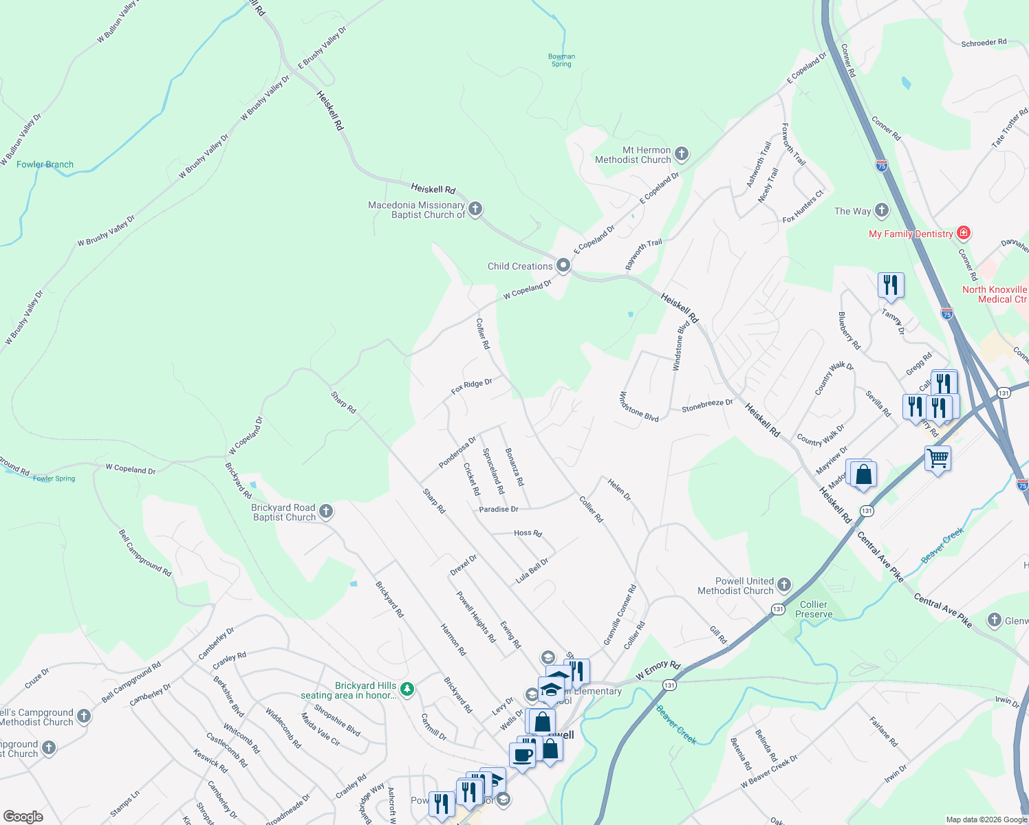 map of restaurants, bars, coffee shops, grocery stores, and more near 8237 Collier Road in Powell