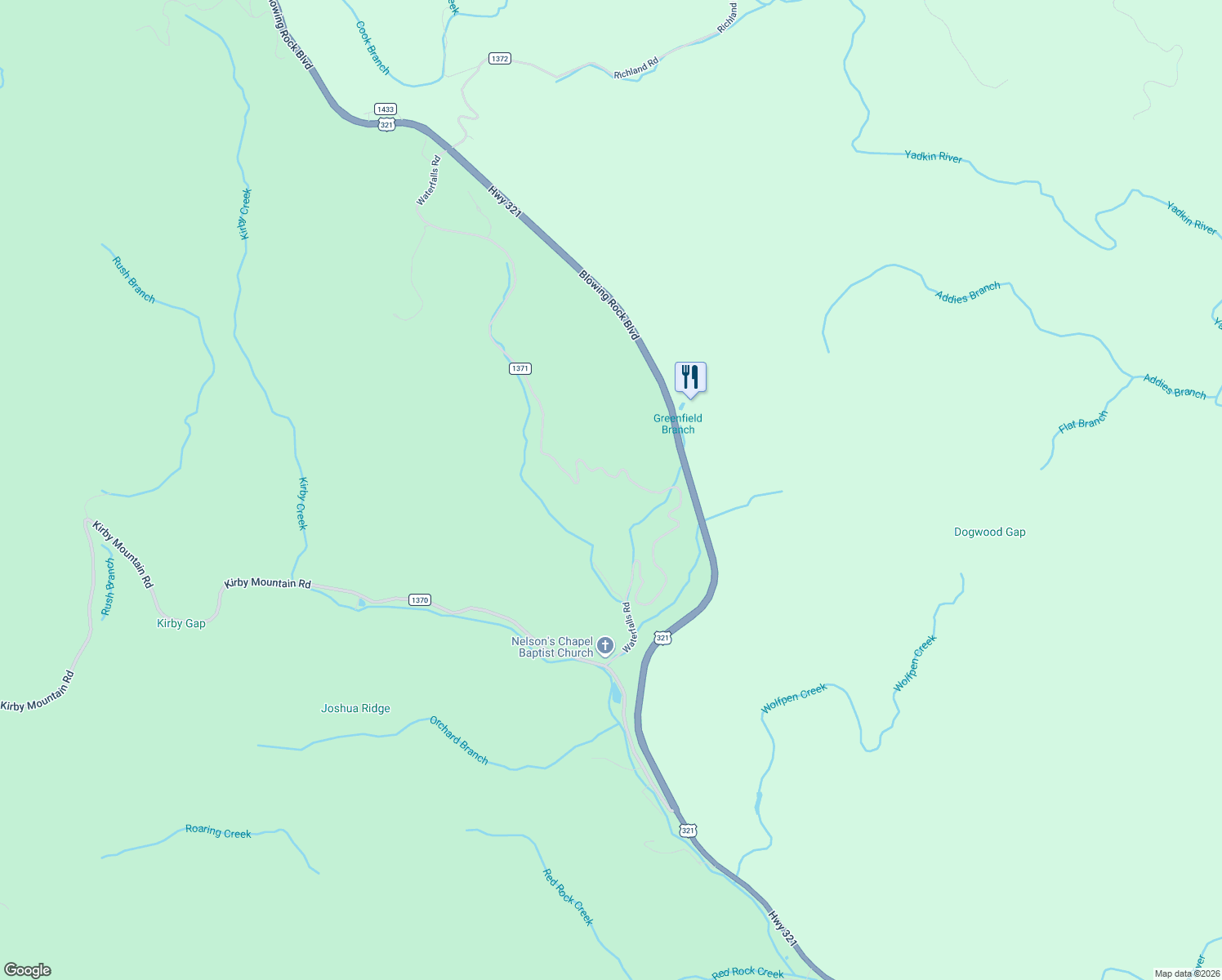 map of restaurants, bars, coffee shops, grocery stores, and more near 5975 Waterfalls Road in Lenoir