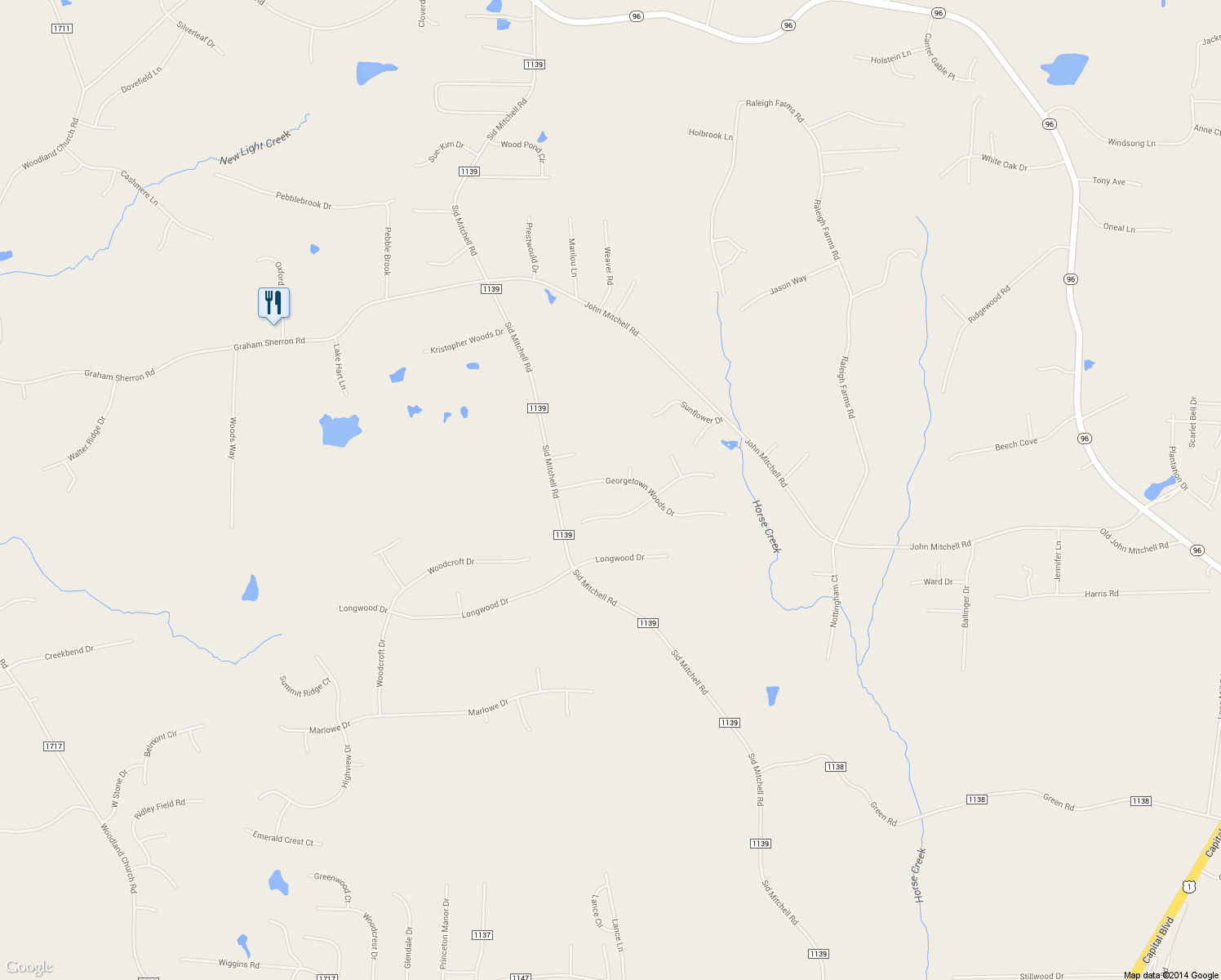 map of restaurants, bars, coffee shops, grocery stores, and more near 80 Georgetown Woods Drive in Youngsville