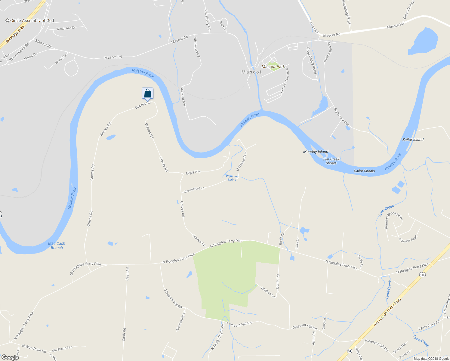 map of restaurants, bars, coffee shops, grocery stores, and more near 8526 Shackleford Lane in Strawberry Plains