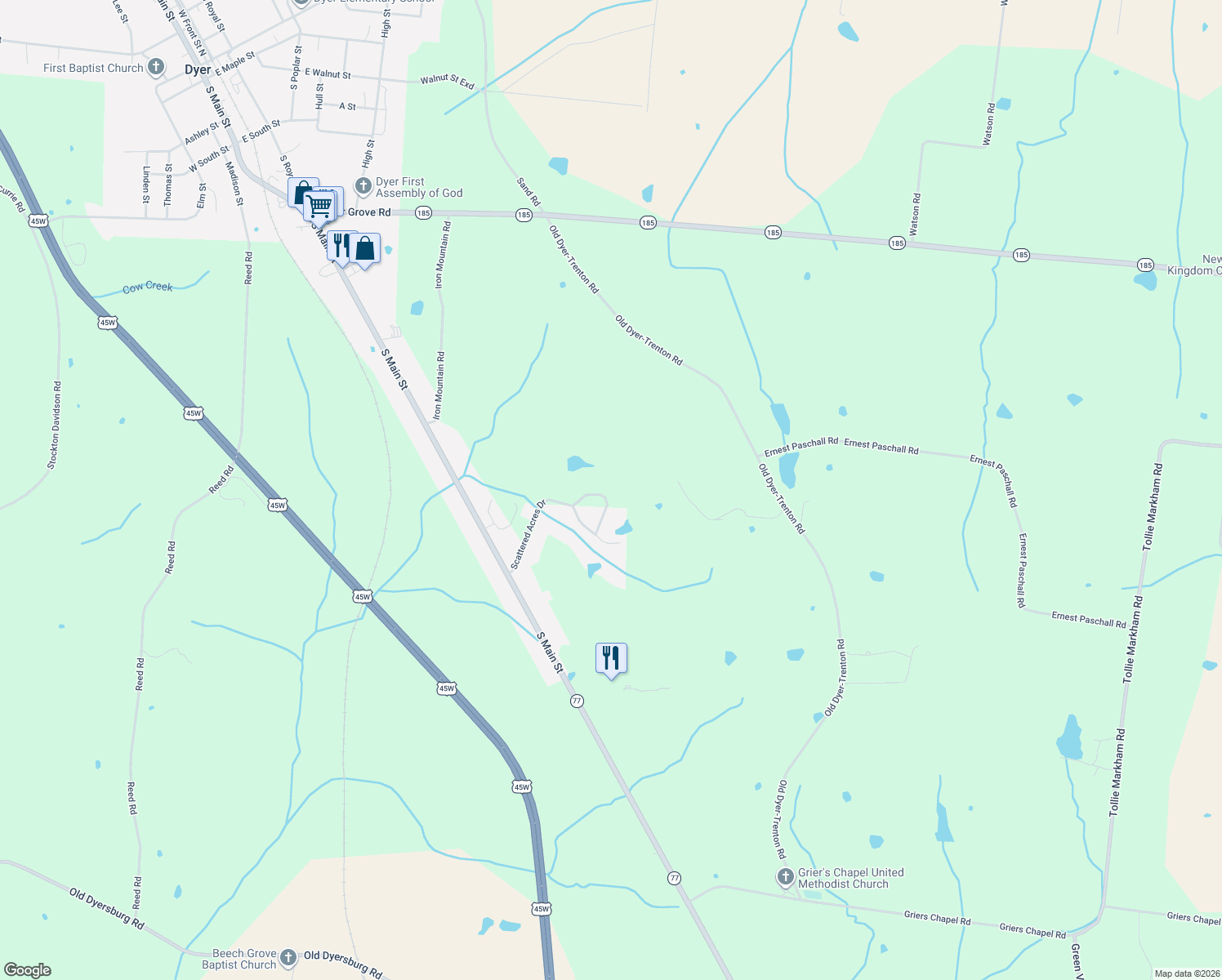 map of restaurants, bars, coffee shops, grocery stores, and more near 148 Scattered Acres Loop in Dyer