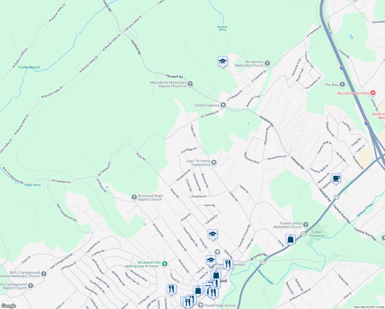 map of restaurants, bars, coffee shops, grocery stores, and more near 1304 Fox Ridge Drive in Powell