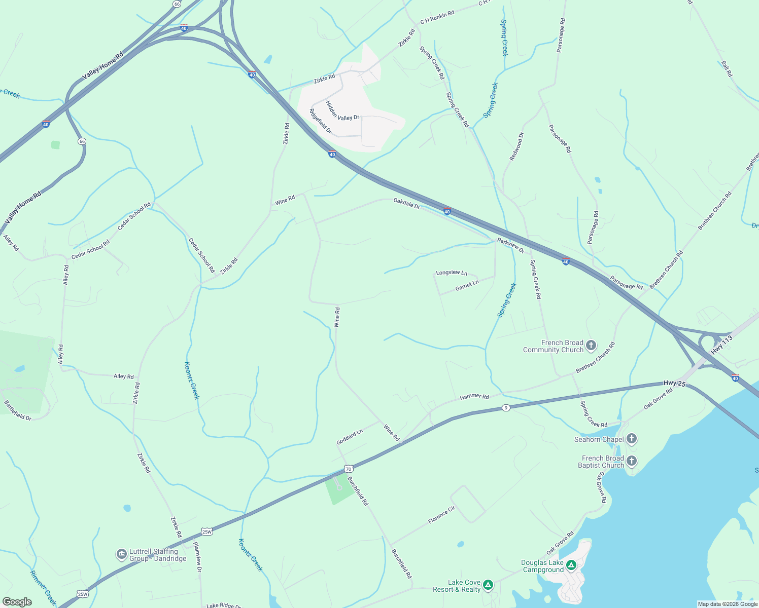 map of restaurants, bars, coffee shops, grocery stores, and more near 1740 Niles Road in Dandridge