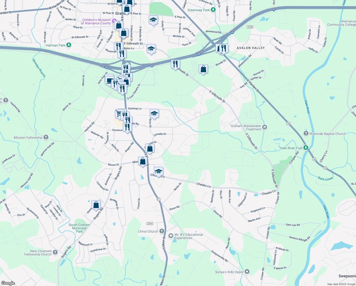 map of restaurants, bars, coffee shops, grocery stores, and more near 507 Lemontree Court in Graham