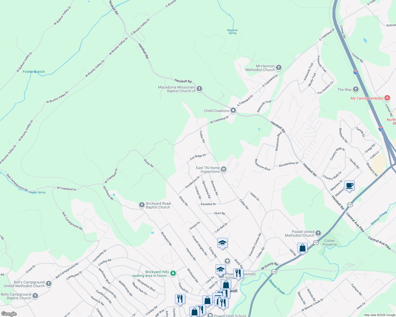 map of restaurants, bars, coffee shops, grocery stores, and more near 1304 Fox Ridge Dr in Powell