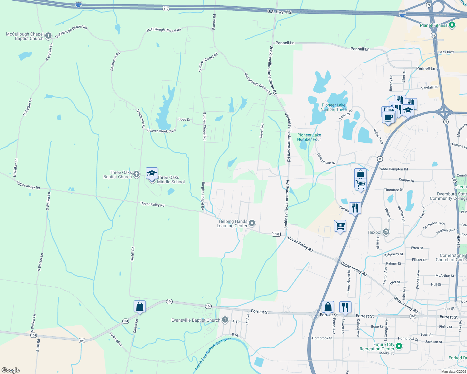map of restaurants, bars, coffee shops, grocery stores, and more near 1080 Sir James Ave in Dyersburg