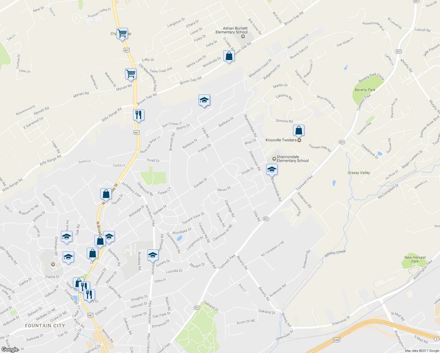 map of restaurants, bars, coffee shops, grocery stores, and more near 4308 Garden Drive in Knoxville