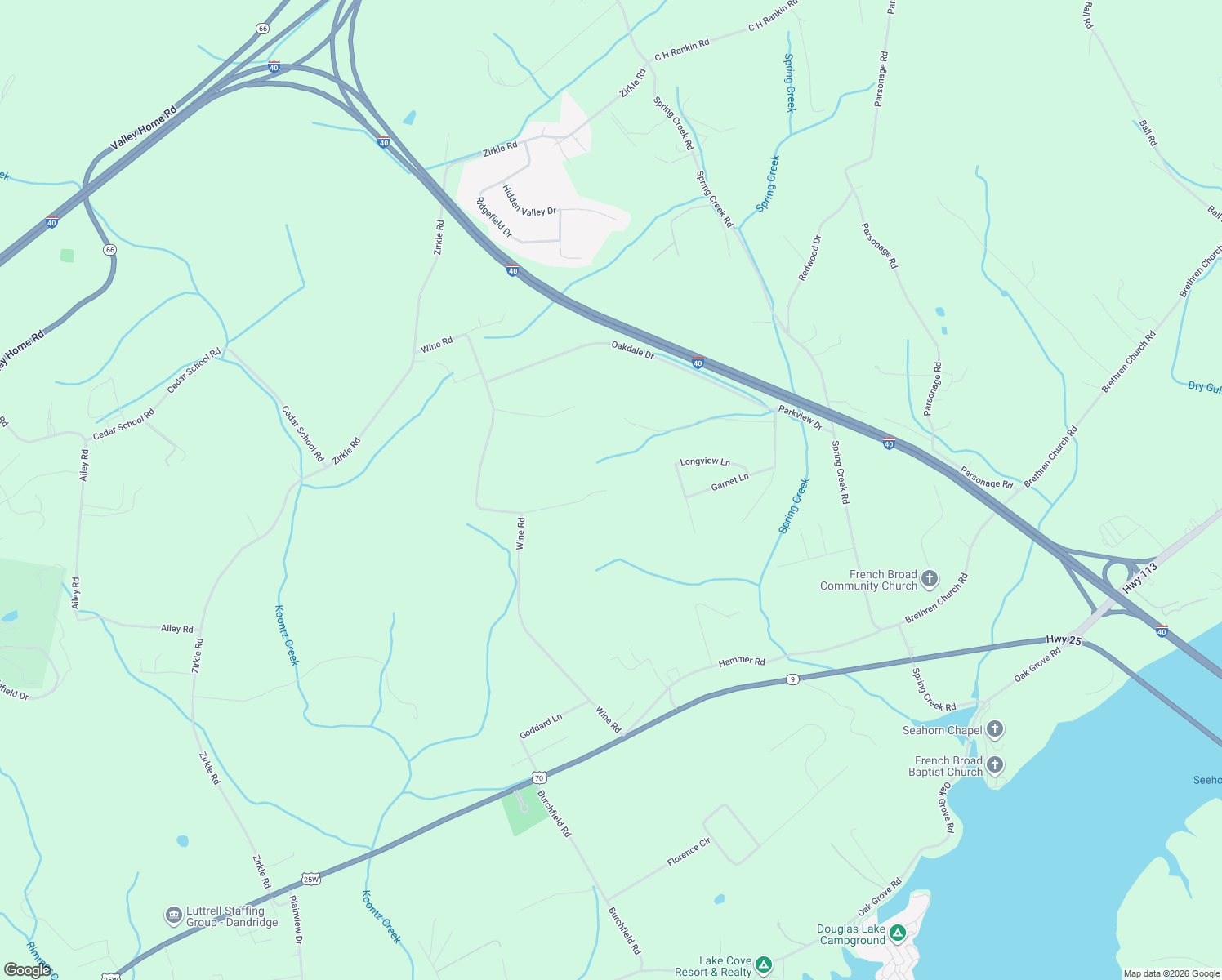 map of restaurants, bars, coffee shops, grocery stores, and more near 1740 Niles Road in Dandridge