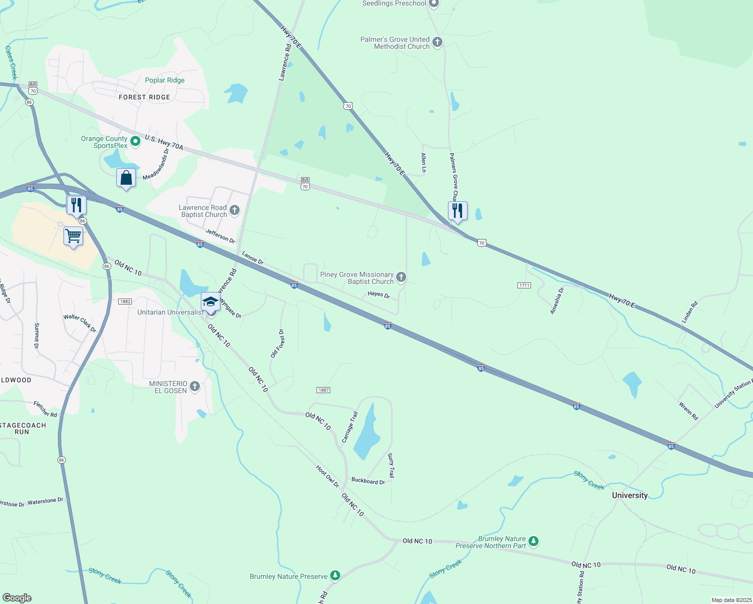map of restaurants, bars, coffee shops, grocery stores, and more near 2716 Lannie Drive in Hillsborough