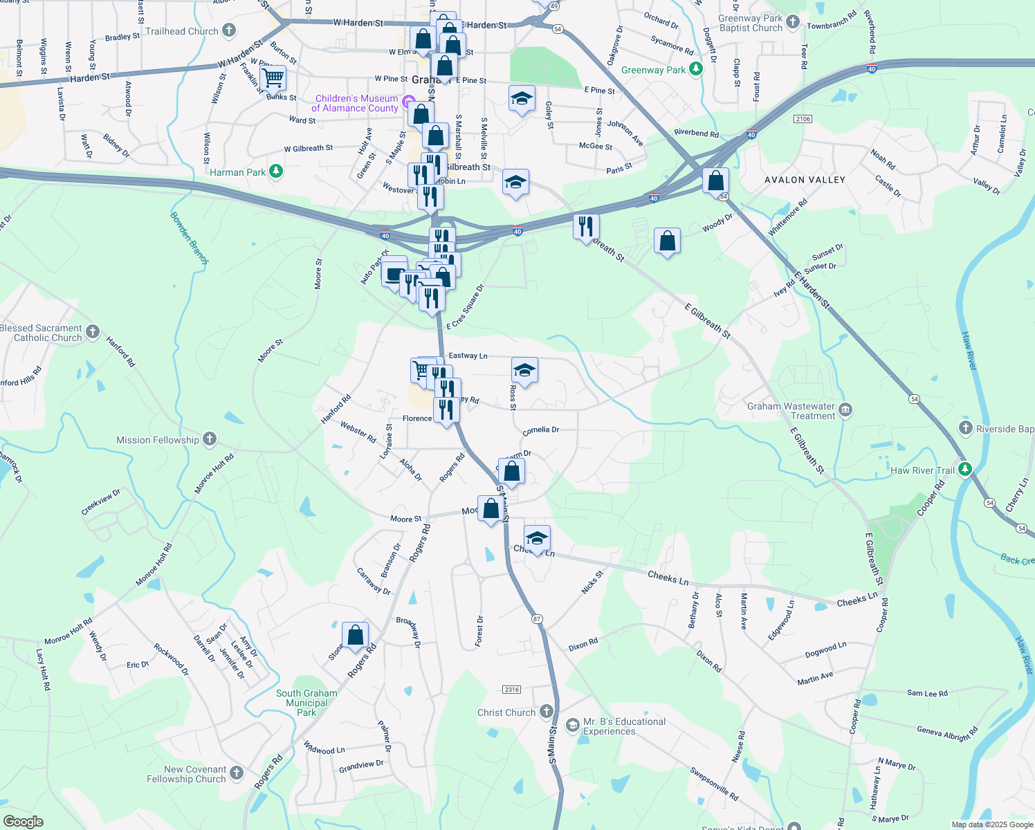 map of restaurants, bars, coffee shops, grocery stores, and more near 301 Ivey Road in Graham