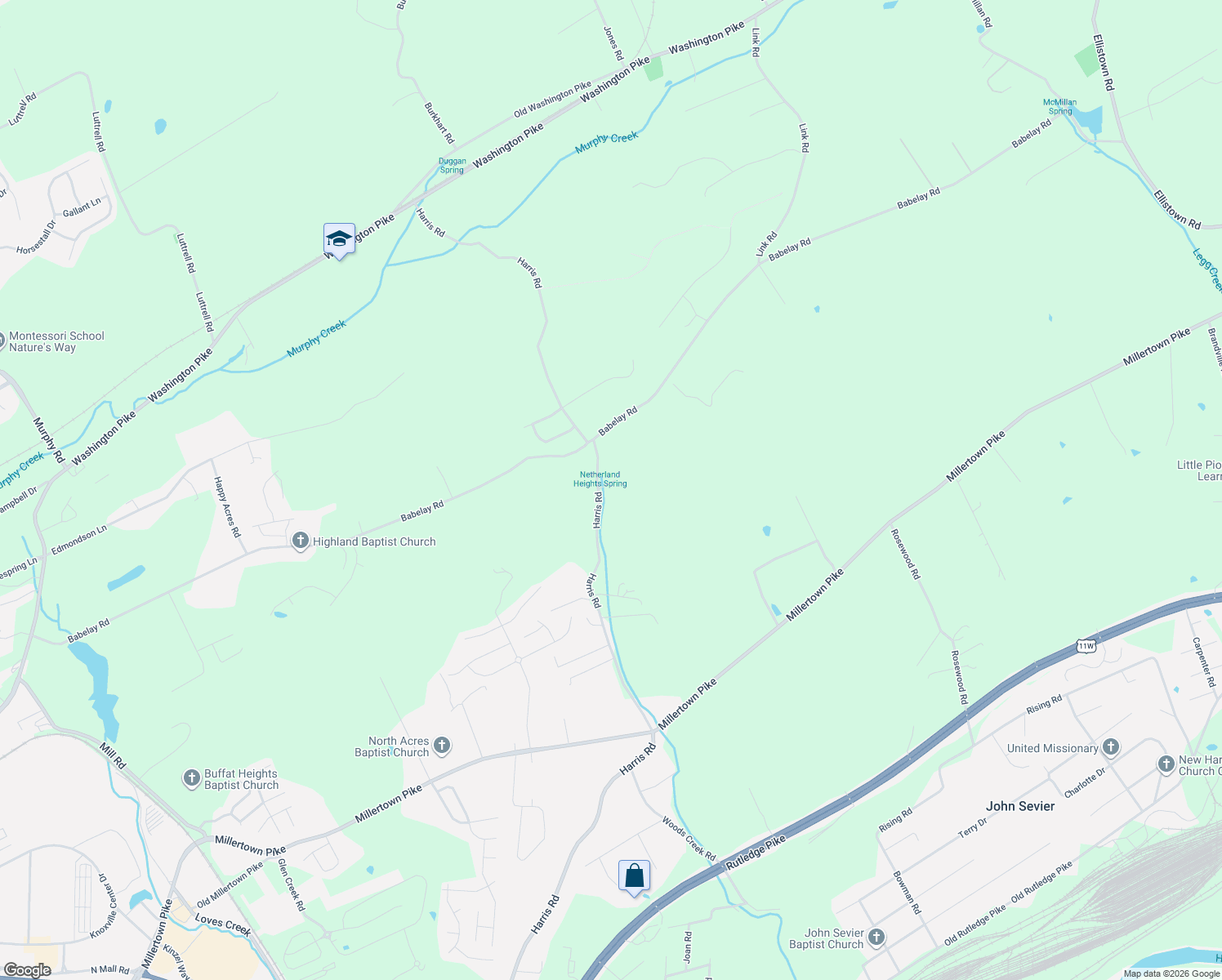 map of restaurants, bars, coffee shops, grocery stores, and more near 3308 Harris Road in Knoxville