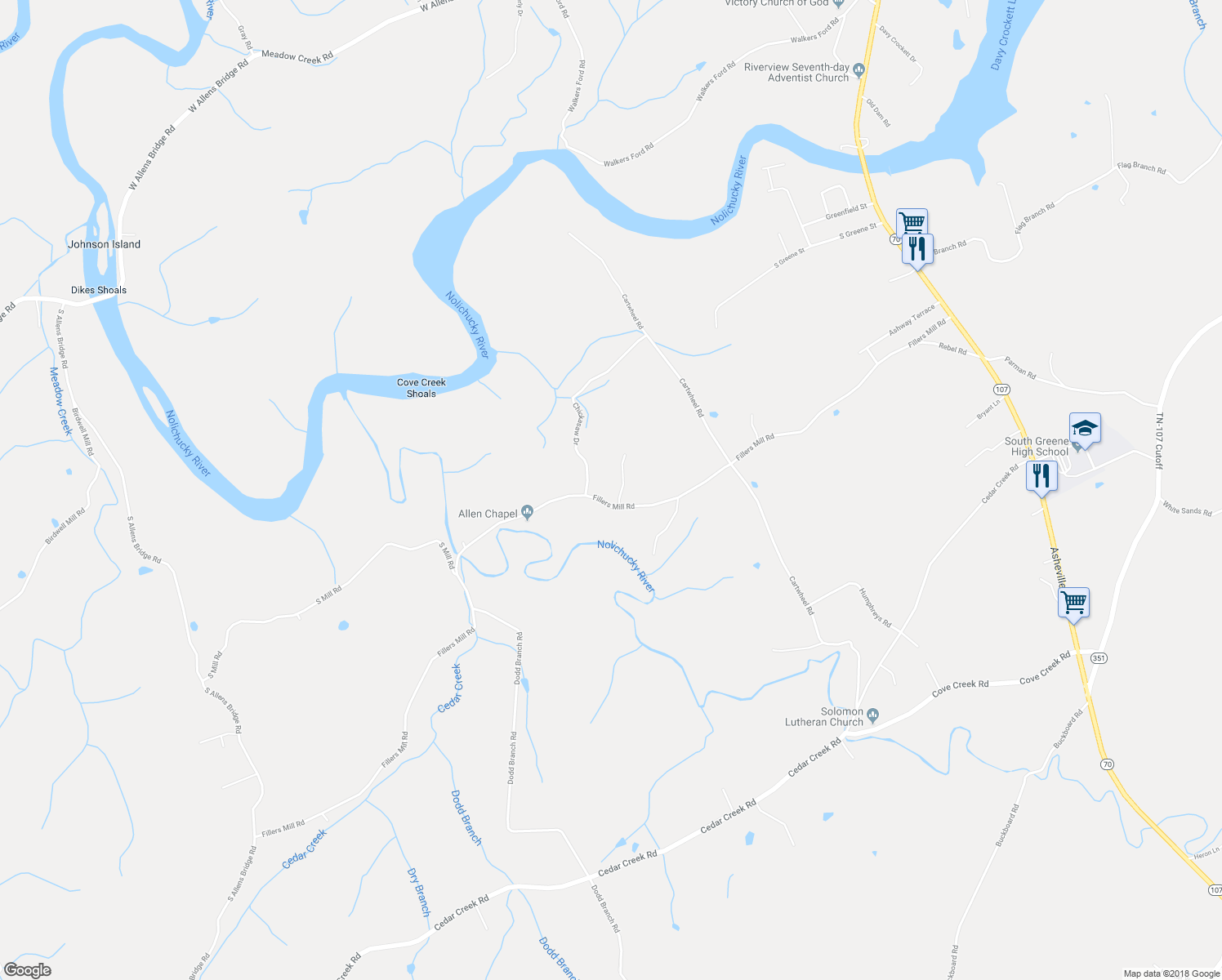 map of restaurants, bars, coffee shops, grocery stores, and more near 1240 Fillers Mill Road in Greeneville