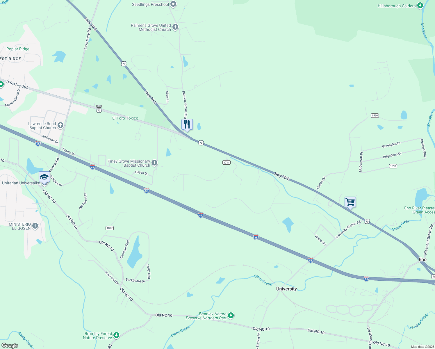 map of restaurants, bars, coffee shops, grocery stores, and more near 3400 Seven Springs Road in Hillsborough