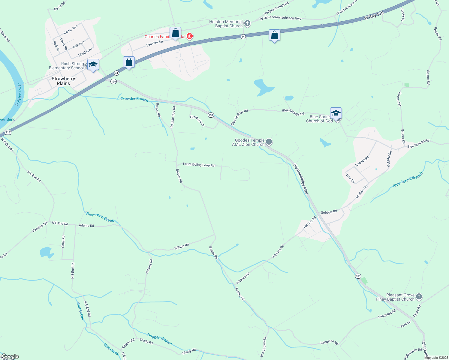 map of restaurants, bars, coffee shops, grocery stores, and more near 501 Ronald Drive in Strawberry Plains
