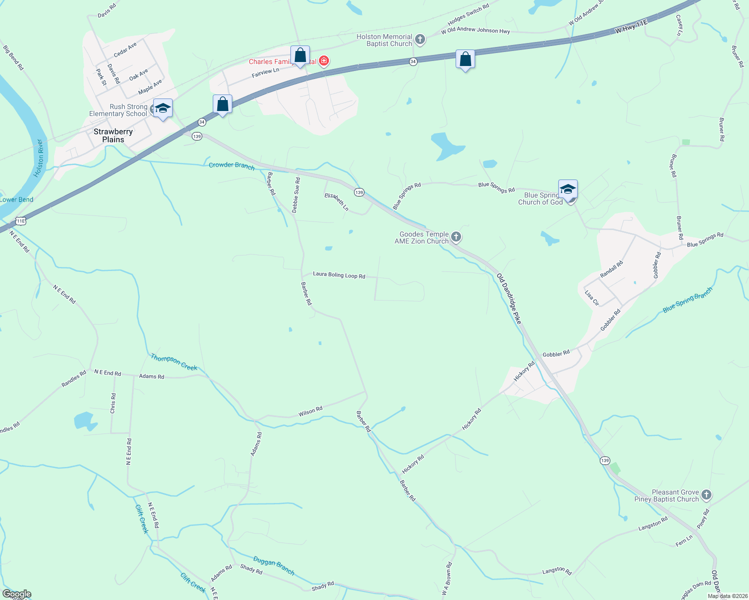 map of restaurants, bars, coffee shops, grocery stores, and more near 501 Ronald Drive in Strawberry Plains