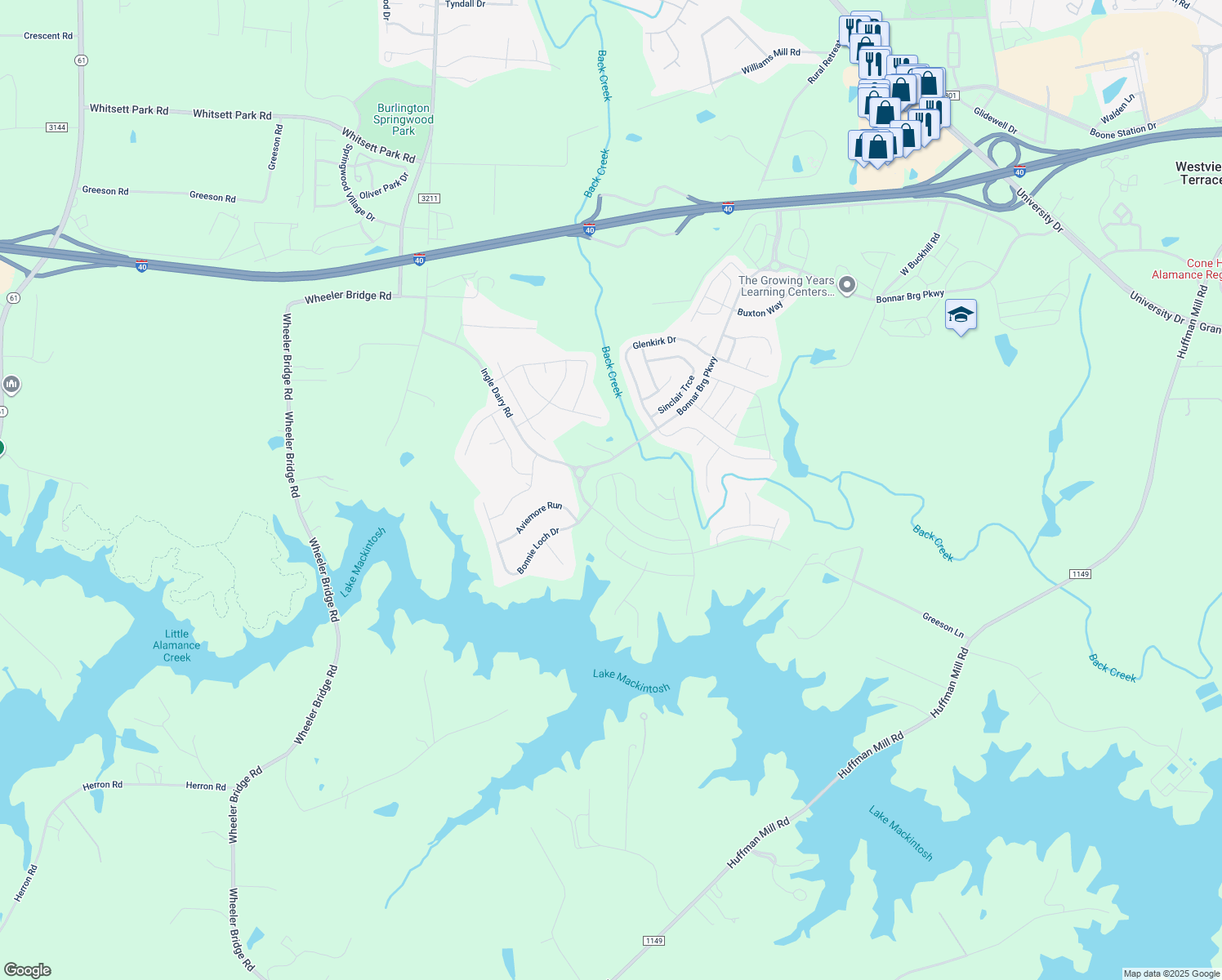 map of restaurants, bars, coffee shops, grocery stores, and more near 1045 Lael Forest Trail in Burlington
