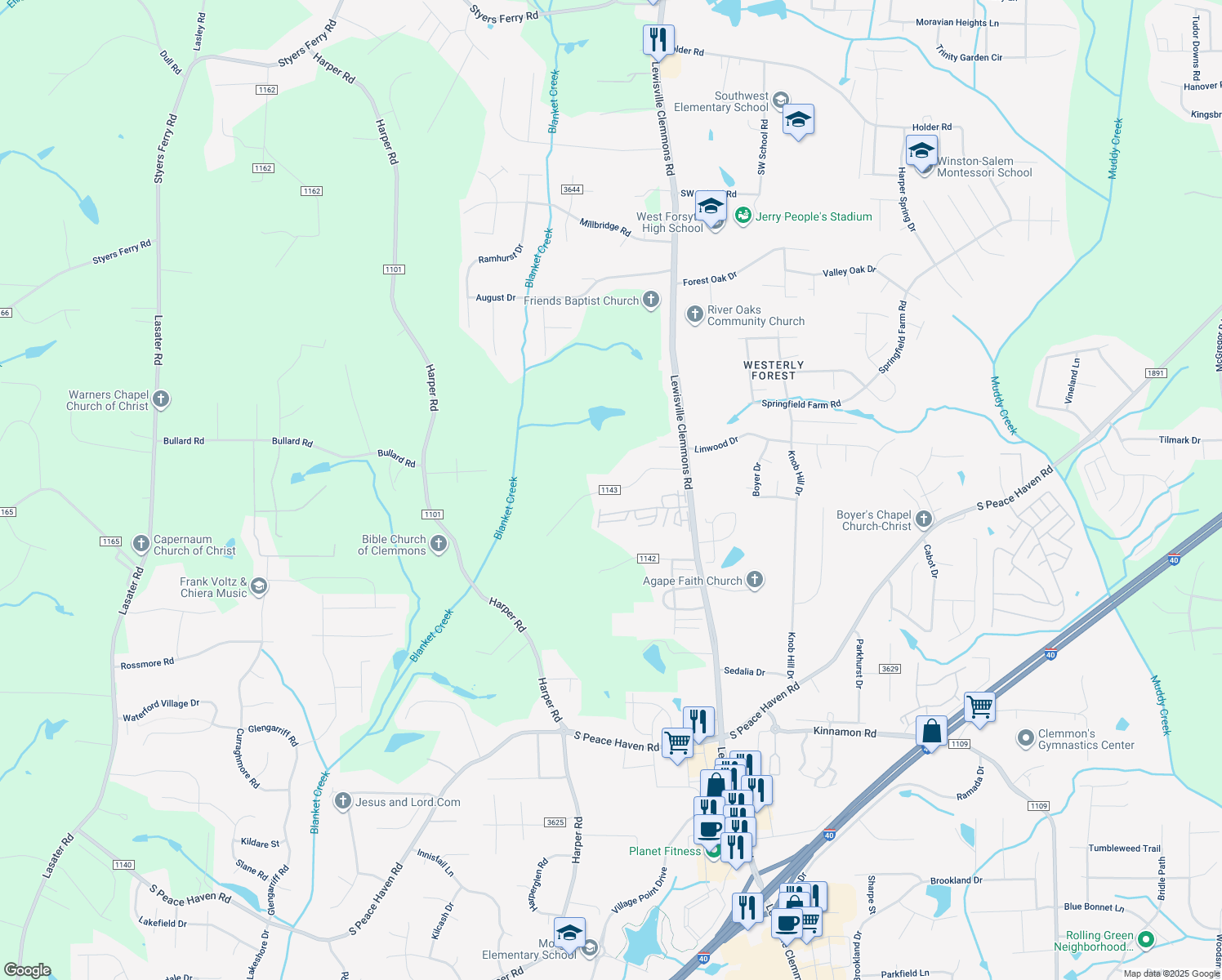 map of restaurants, bars, coffee shops, grocery stores, and more near Wishon Road in Clemmons