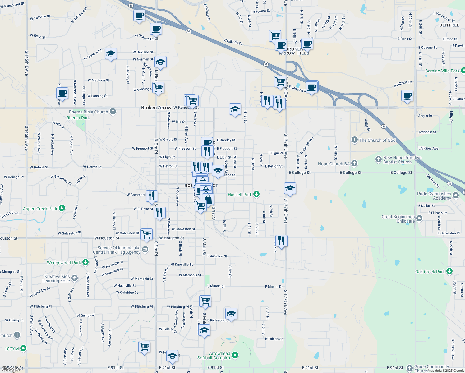 map of restaurants, bars, coffee shops, grocery stores, and more near 319 East Broadway Avenue in Broken Arrow