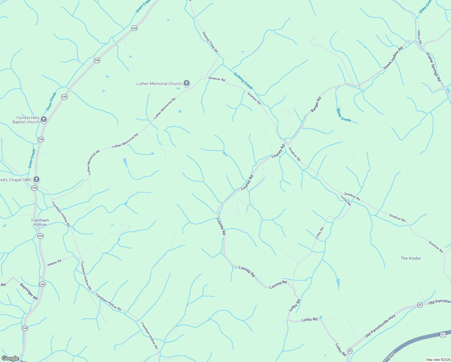 map of restaurants, bars, coffee shops, grocery stores, and more near 2643 Looney Road in Parrottsville