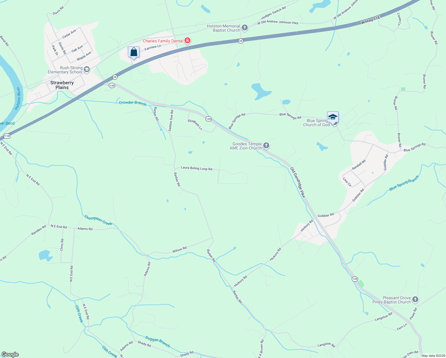 map of restaurants, bars, coffee shops, grocery stores, and more near 506 Ronald Dr in Strawberry Plains