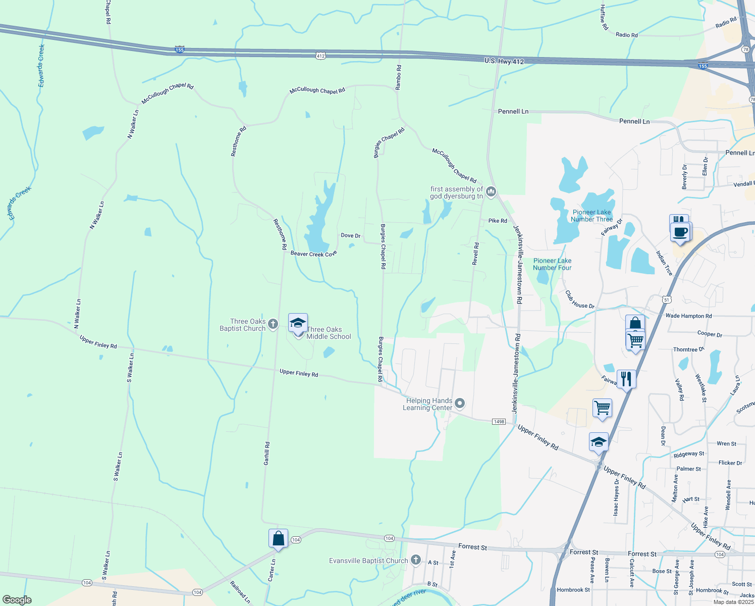 map of restaurants, bars, coffee shops, grocery stores, and more near 401 Burgies Chapel Road in Dyersburg