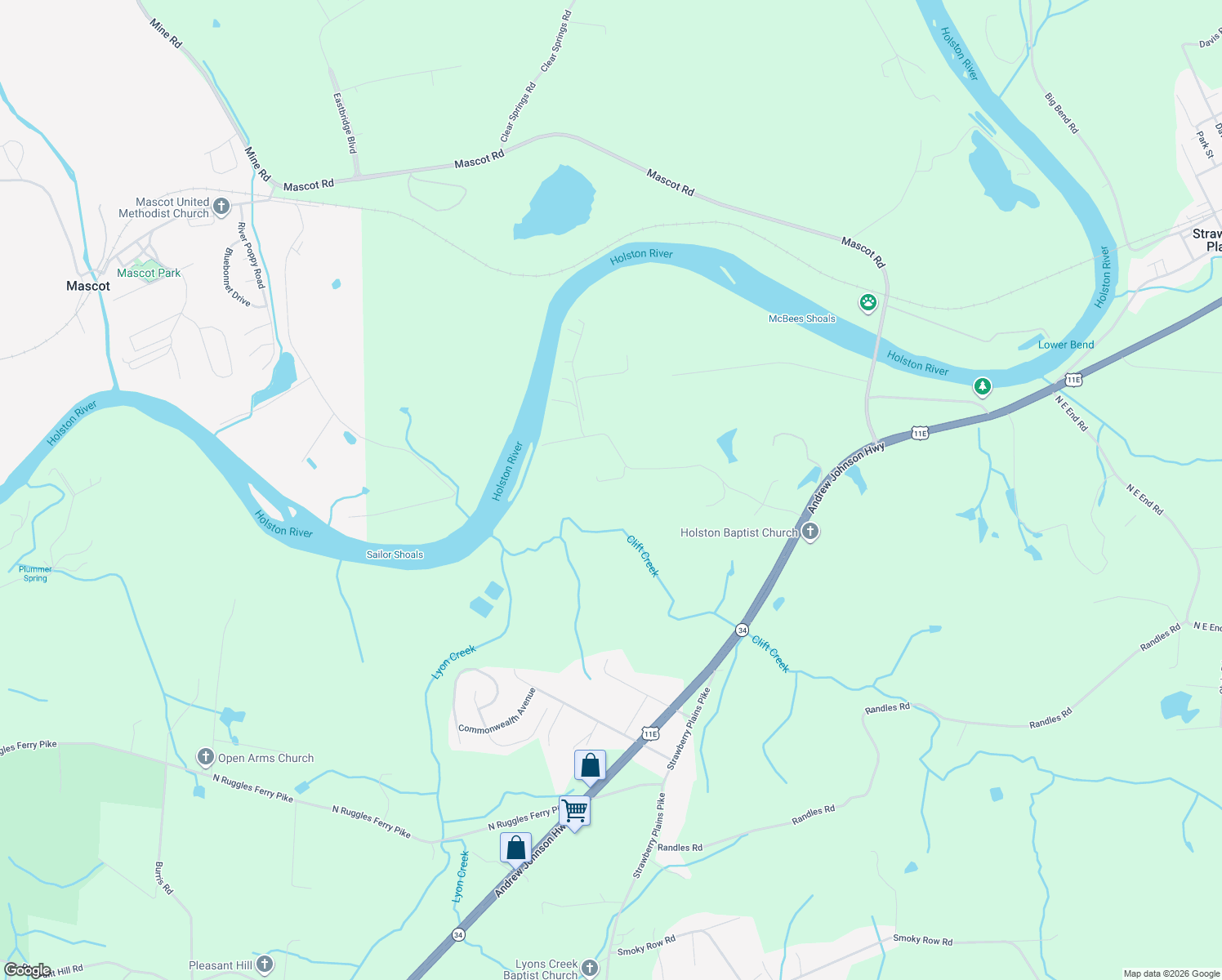 map of restaurants, bars, coffee shops, grocery stores, and more near 9706 Clift Road in Strawberry Plains