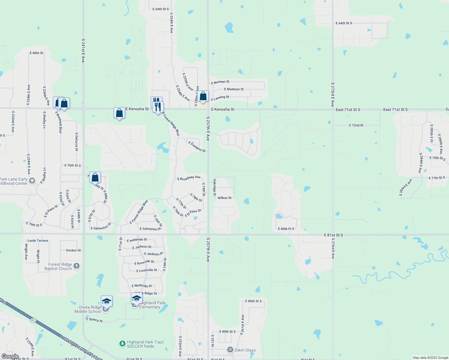 map of restaurants, bars, coffee shops, grocery stores, and more near 25900 East Cottonwood Street in Broken Arrow