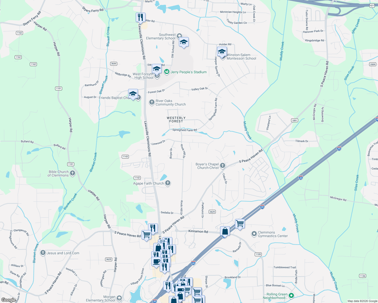 map of restaurants, bars, coffee shops, grocery stores, and more near 2512 Newington Court in Clemmons