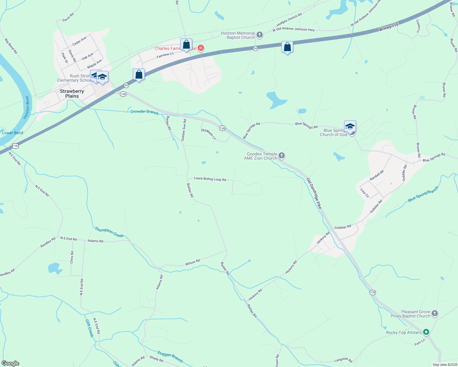 map of restaurants, bars, coffee shops, grocery stores, and more near 509 Ronald Drive in Strawberry Plains