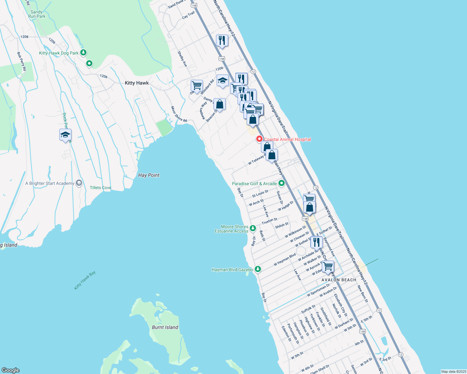 map of restaurants, bars, coffee shops, grocery stores, and more near 3504 Bay Drive in Kitty Hawk