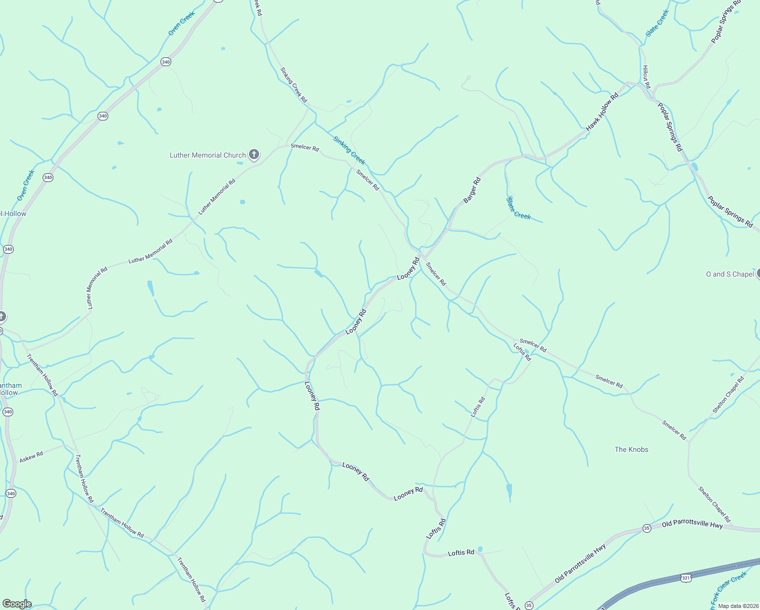 map of restaurants, bars, coffee shops, grocery stores, and more near 2600 Looney Rd in Parrottsville