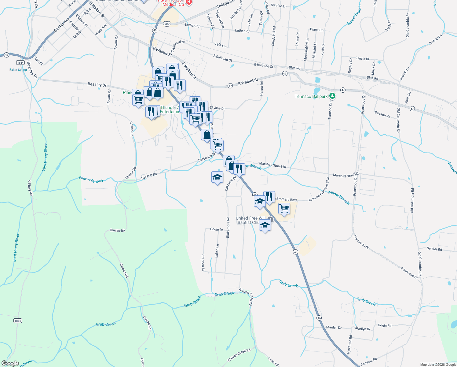 map of restaurants, bars, coffee shops, grocery stores, and more near Oakmont Dr in Dickson