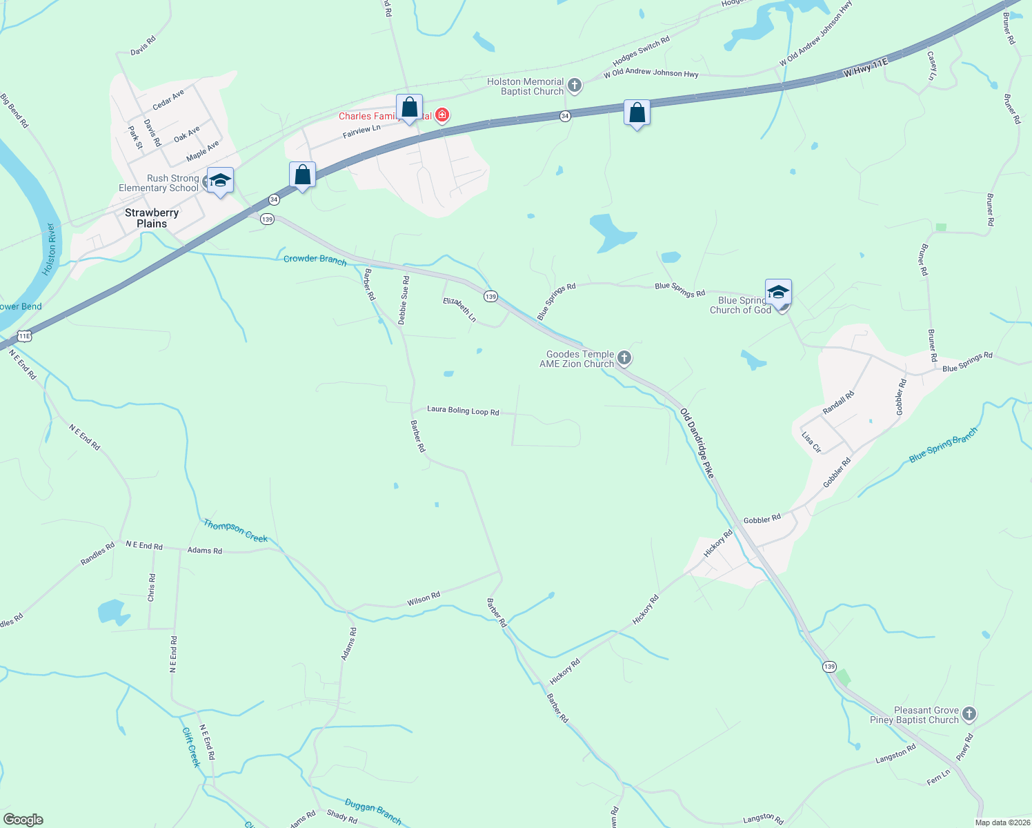 map of restaurants, bars, coffee shops, grocery stores, and more near 161 Laura Boling Loop Road in Strawberry Plains