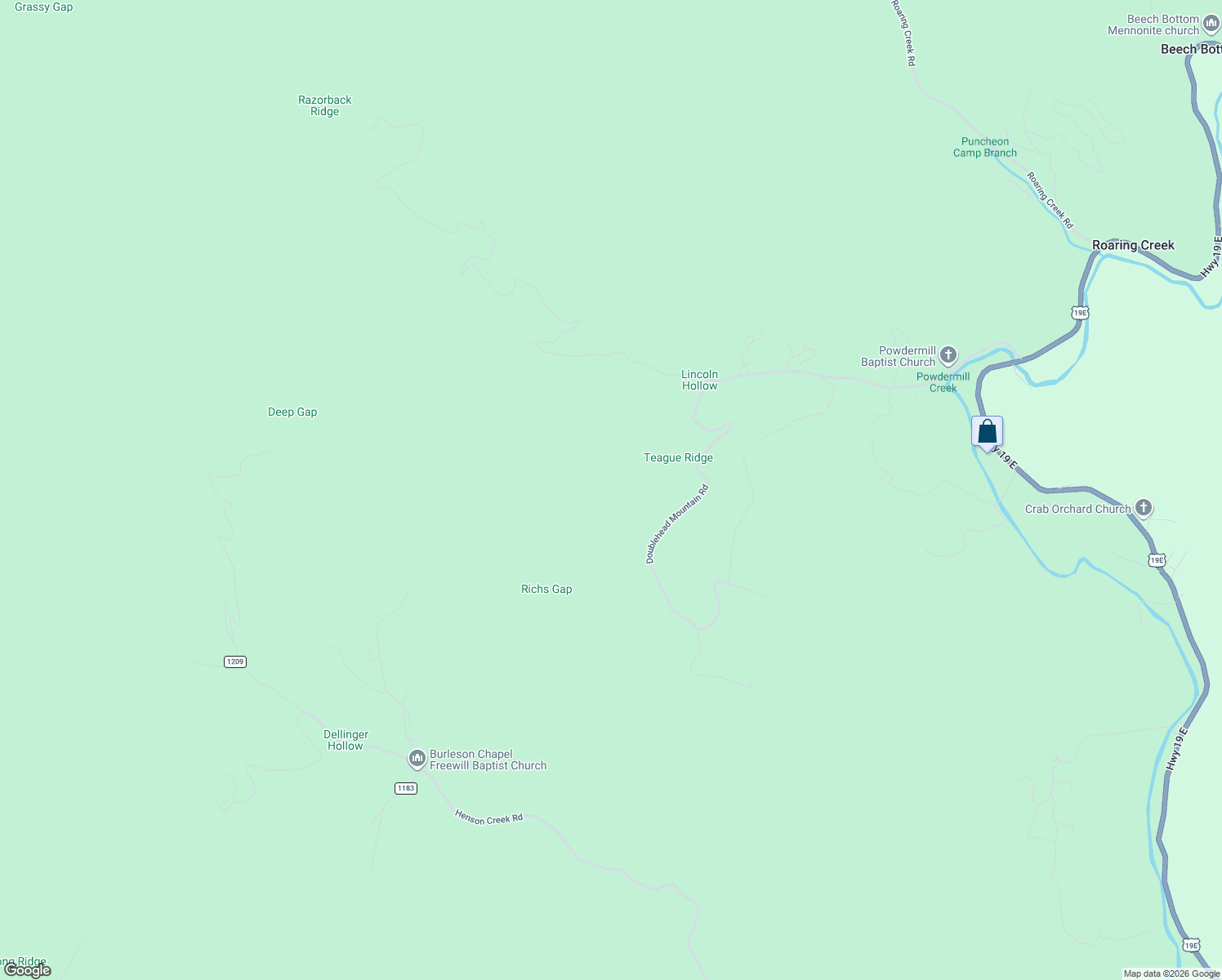 map of restaurants, bars, coffee shops, grocery stores, and more near in Roaring Creek