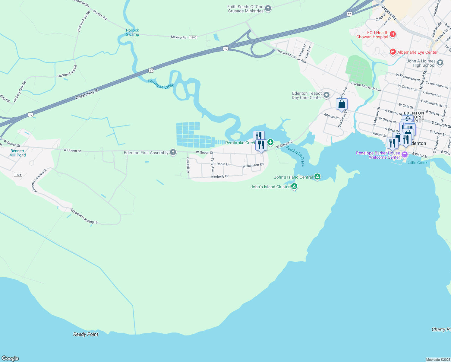 map of restaurants, bars, coffee shops, grocery stores, and more near 123 Kimberly Drive in Edenton