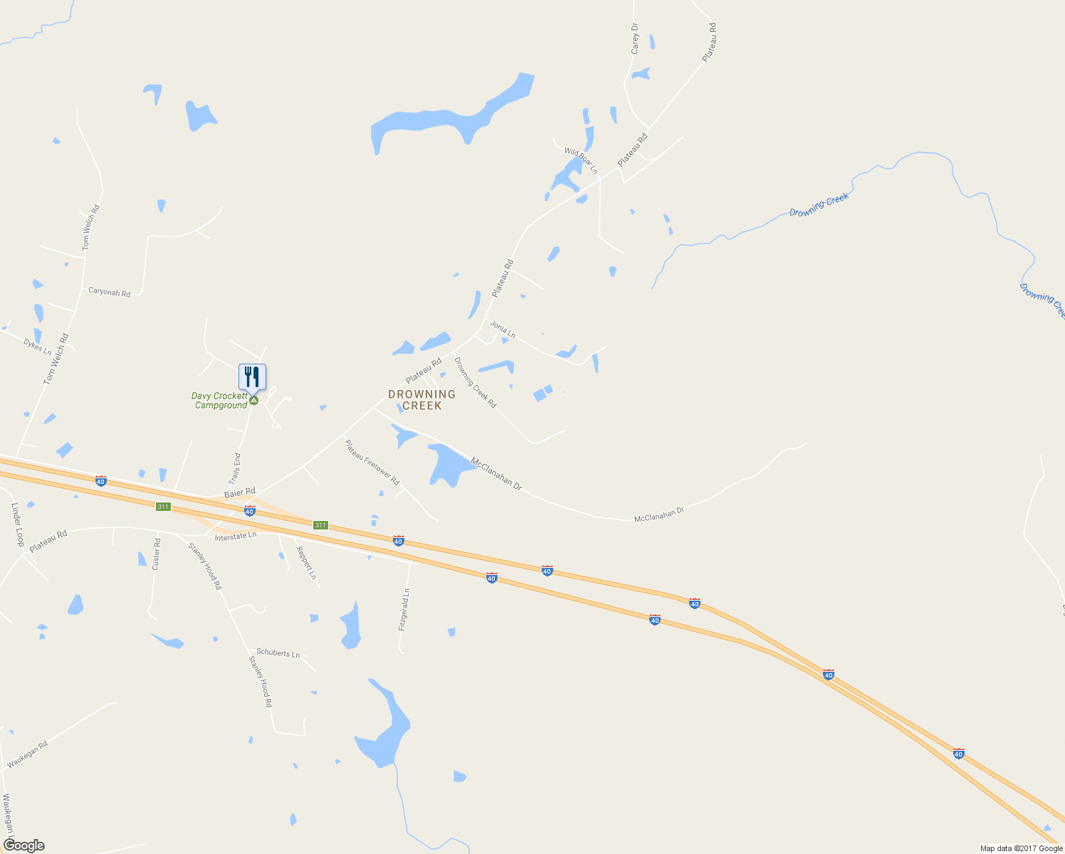 map of restaurants, bars, coffee shops, grocery stores, and more near 409 Drowning Creek Road in Crossville