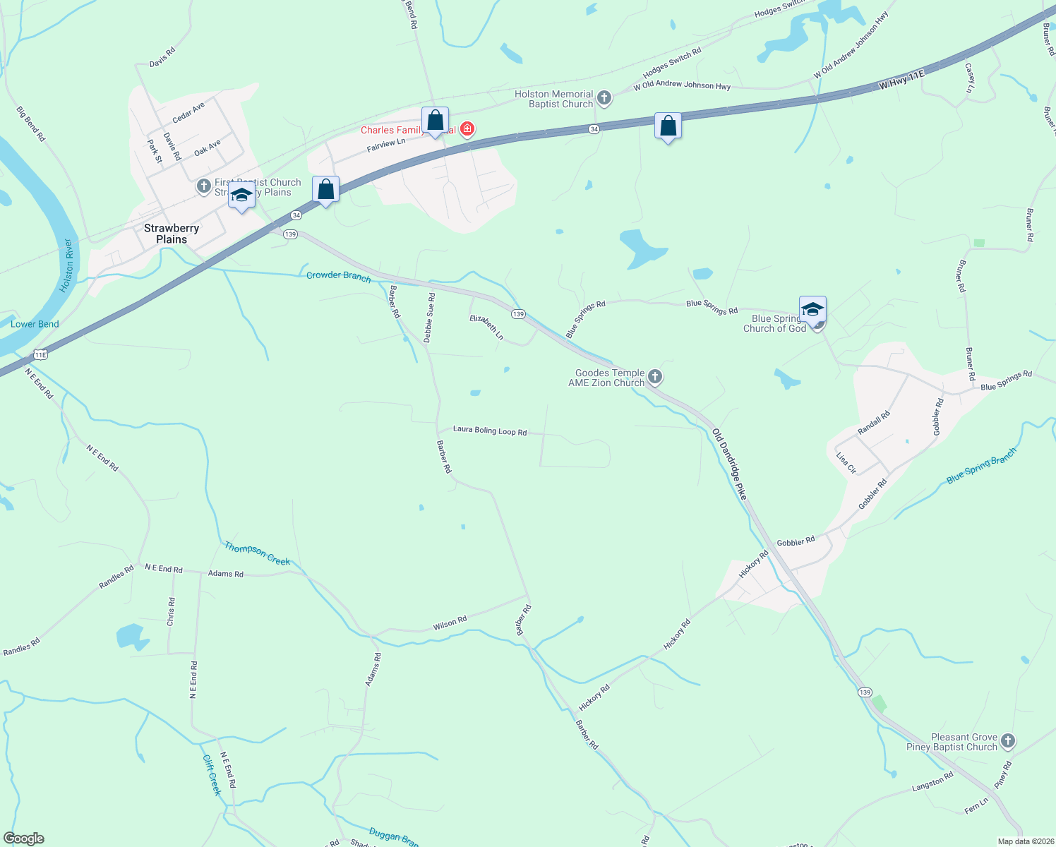 map of restaurants, bars, coffee shops, grocery stores, and more near 161 Laura Boling Loop Road in Strawberry Plains