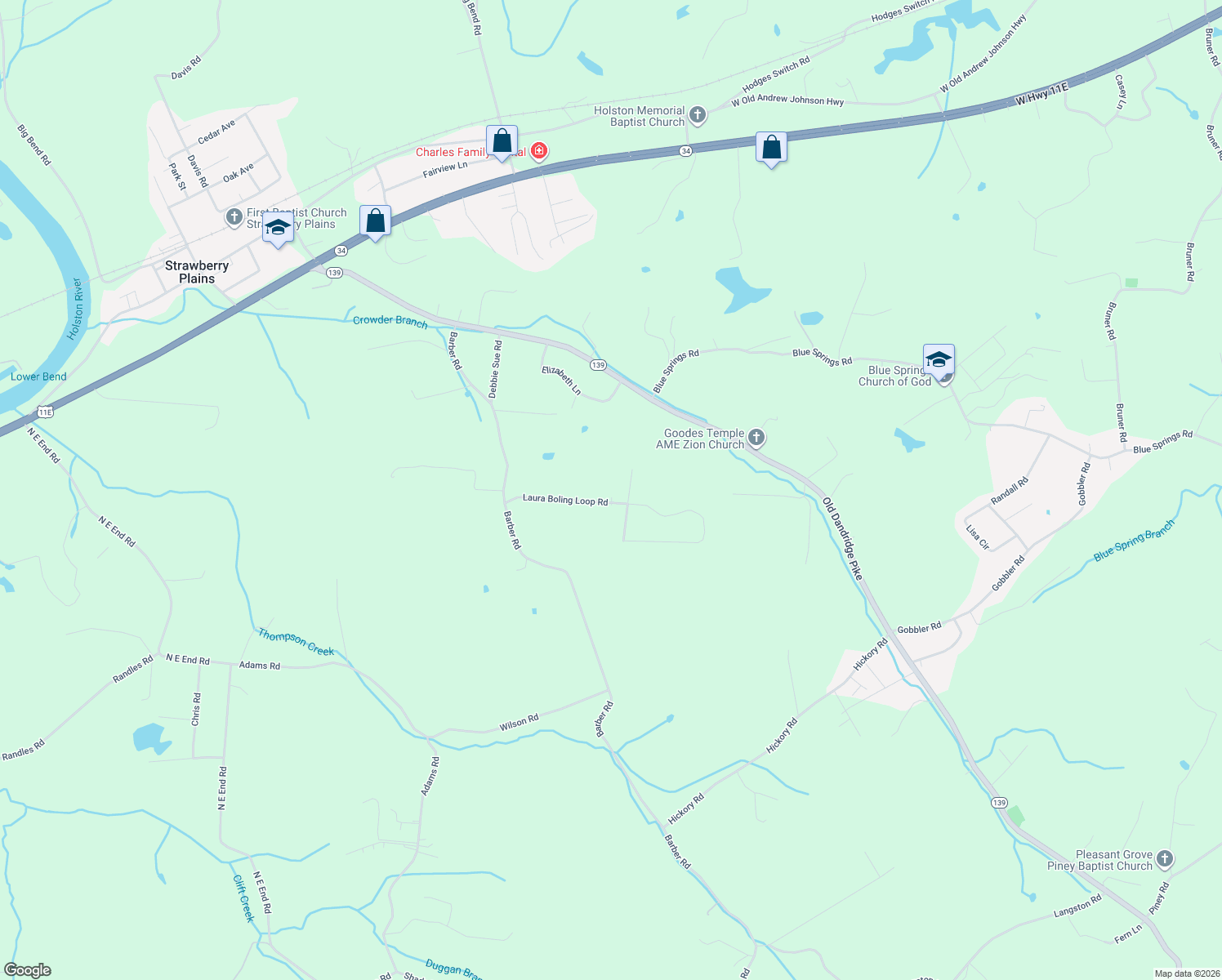 map of restaurants, bars, coffee shops, grocery stores, and more near 161 Laura Boling Loop Road in Strawberry Plains
