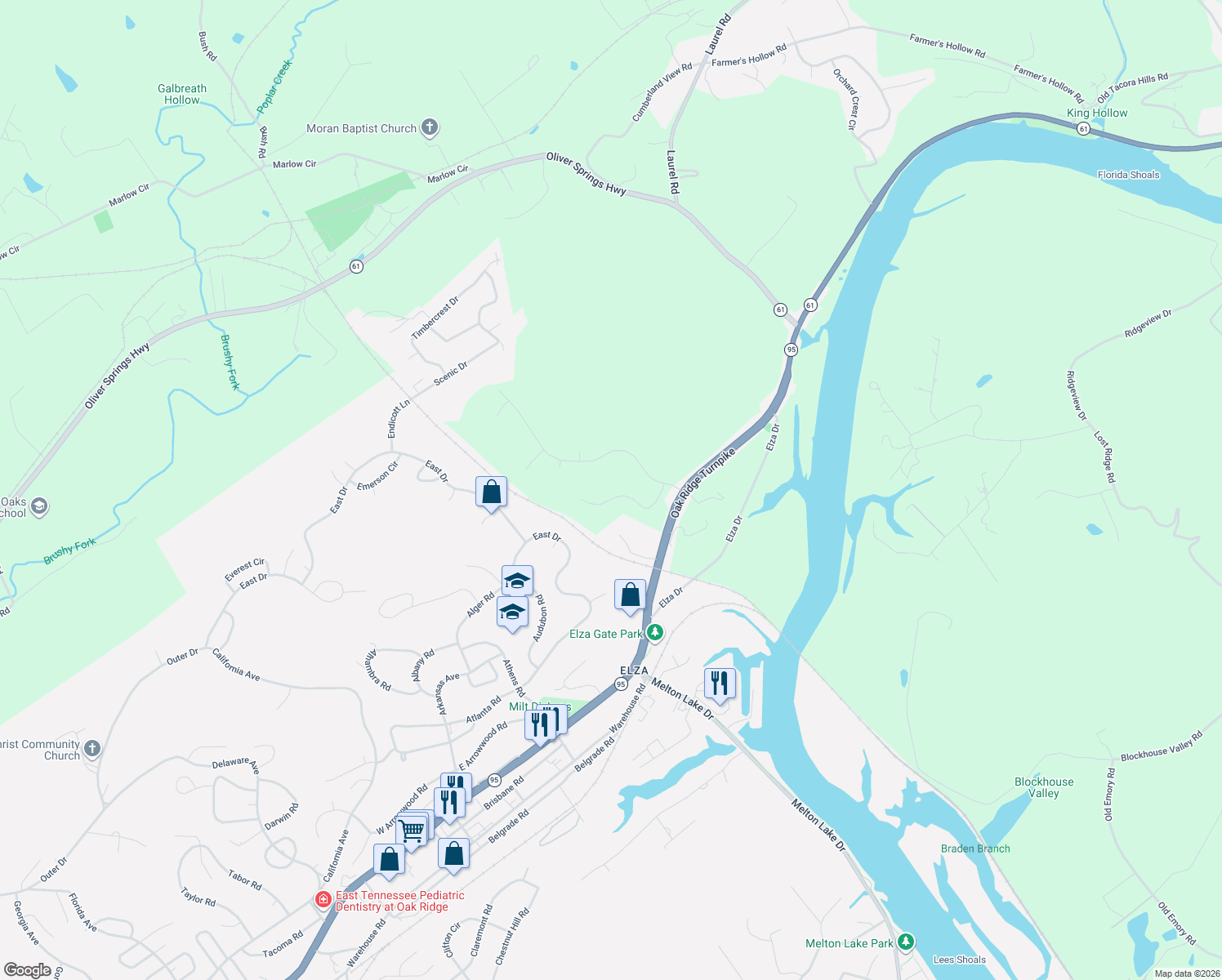 map of restaurants, bars, coffee shops, grocery stores, and more near 210 Lakeview Lane in Oak Ridge