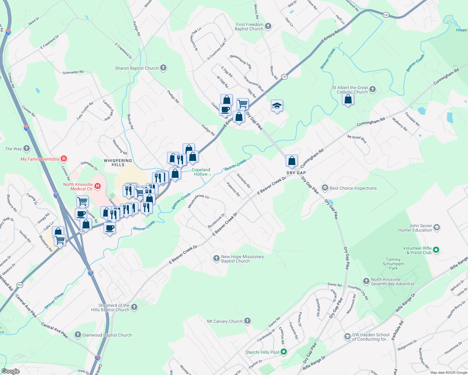 map of restaurants, bars, coffee shops, grocery stores, and more near 7242 Palermo Road in Knoxville