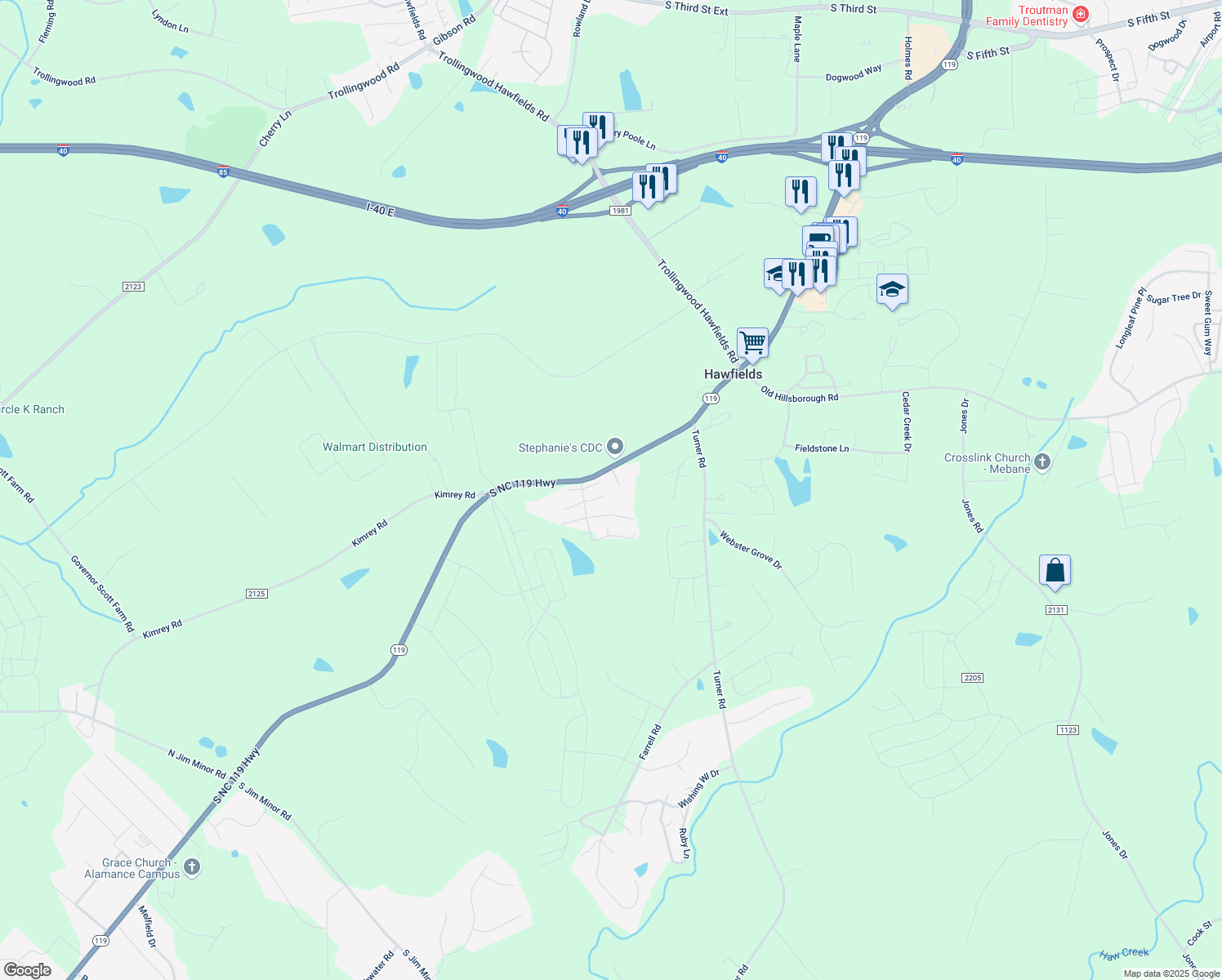 map of restaurants, bars, coffee shops, grocery stores, and more near 1621 White Court in Mebane
