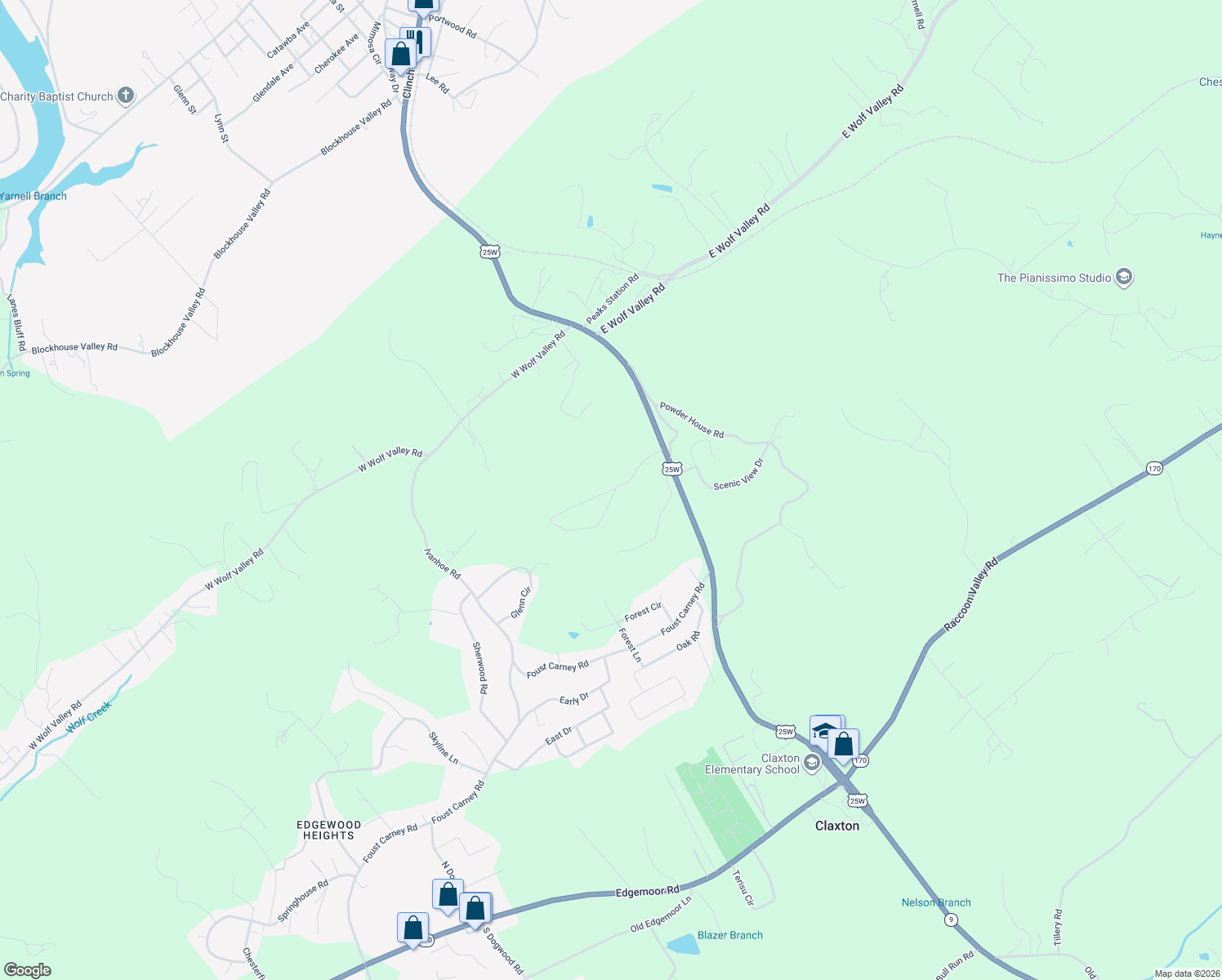 map of restaurants, bars, coffee shops, grocery stores, and more near 125 White Loop Road in Clinton
